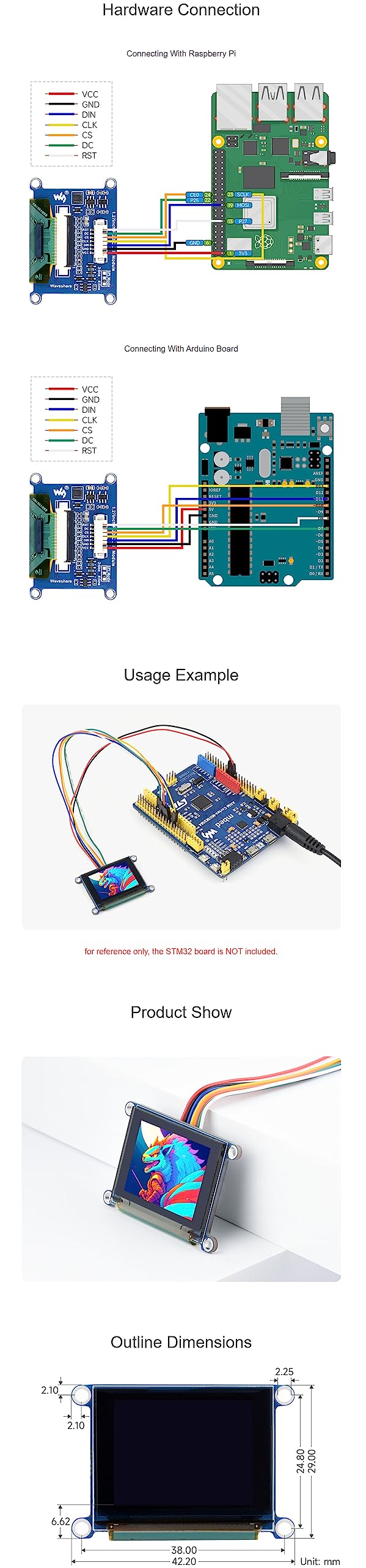1.27 Inch RGB OLED Module for Raspberry Pi/Arduino/STM32 128×96 Display 262K Colors Onboard Driver SSD1351 SPI Interface