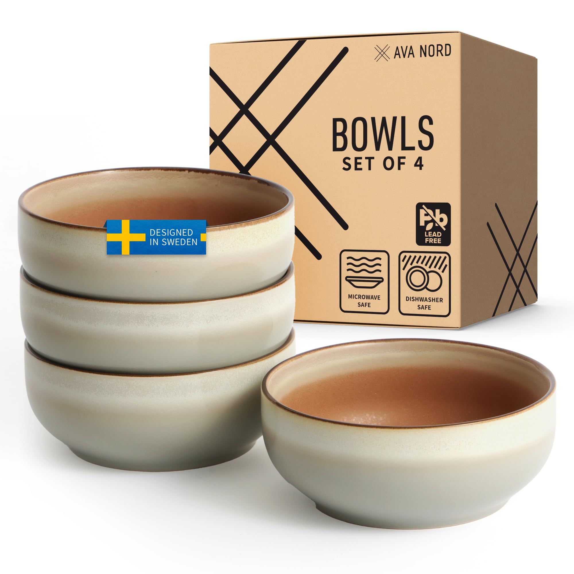 Ava Nord Stoneware Ceramic Cereal Bowls Set of 4, 21 oz | Lead-Free, Cadmium-Free | Microwave and Dishwasher Safe | For Soup, Salad, Rice, Dessert,