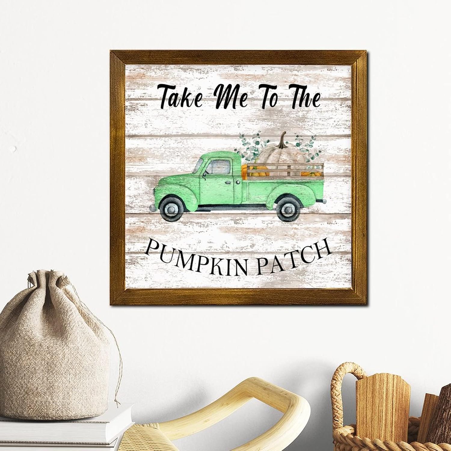 Take Me to The Pumpkin Patch Wooden Framed Sign Thanksgiving Green Truck Wood Wall Art Farmhouse Harvest Thanksgiving Wood Decor Farmhouse Wall Hanging Plaque for Bedroom Living Room Home 12x12 inch