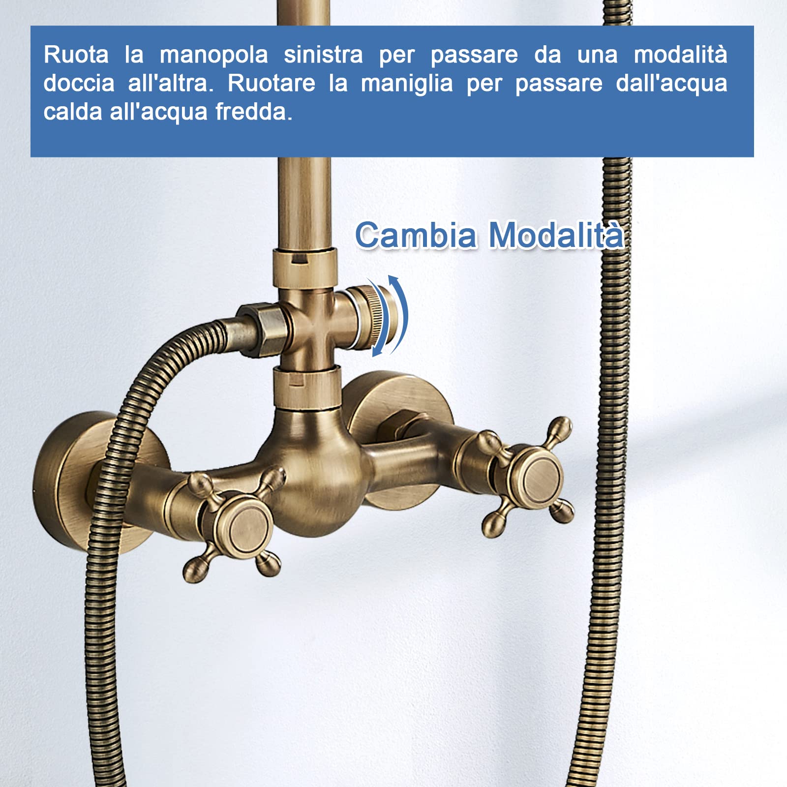 Colonna Doccia con Miscelatore, Miscelatore Doccia In Ottone Vintage Con Doccetta E Soffione 80-120 Cm Regolabile In Altezza