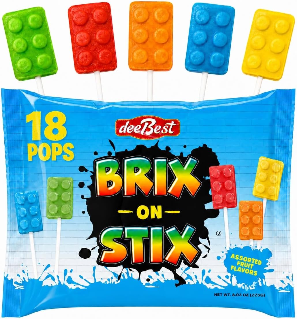 Brix On Stix | Brick Building Party Lollipop Suckers | Assorted Fruit Flavors Candy | 18 Count | Great for Birthday Parties, Holiday Giveaways, Party Favors, School Treats