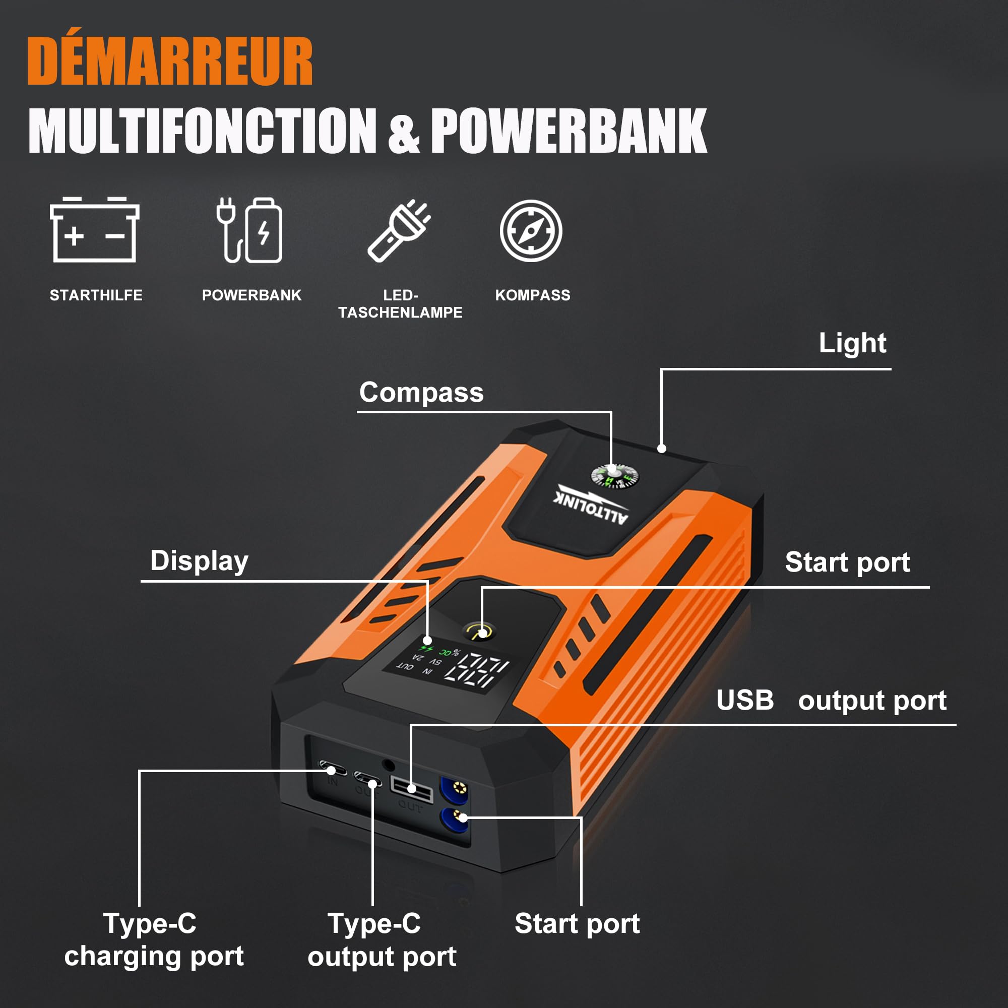 Booster Batterie Voiture 3000A 26640mWh,Charge Rapide 20W,12V Démarreur de Voiture Portable(pour Esence & Diesel), Jump Starter avec Écran, Lumière LED à 4 Modes