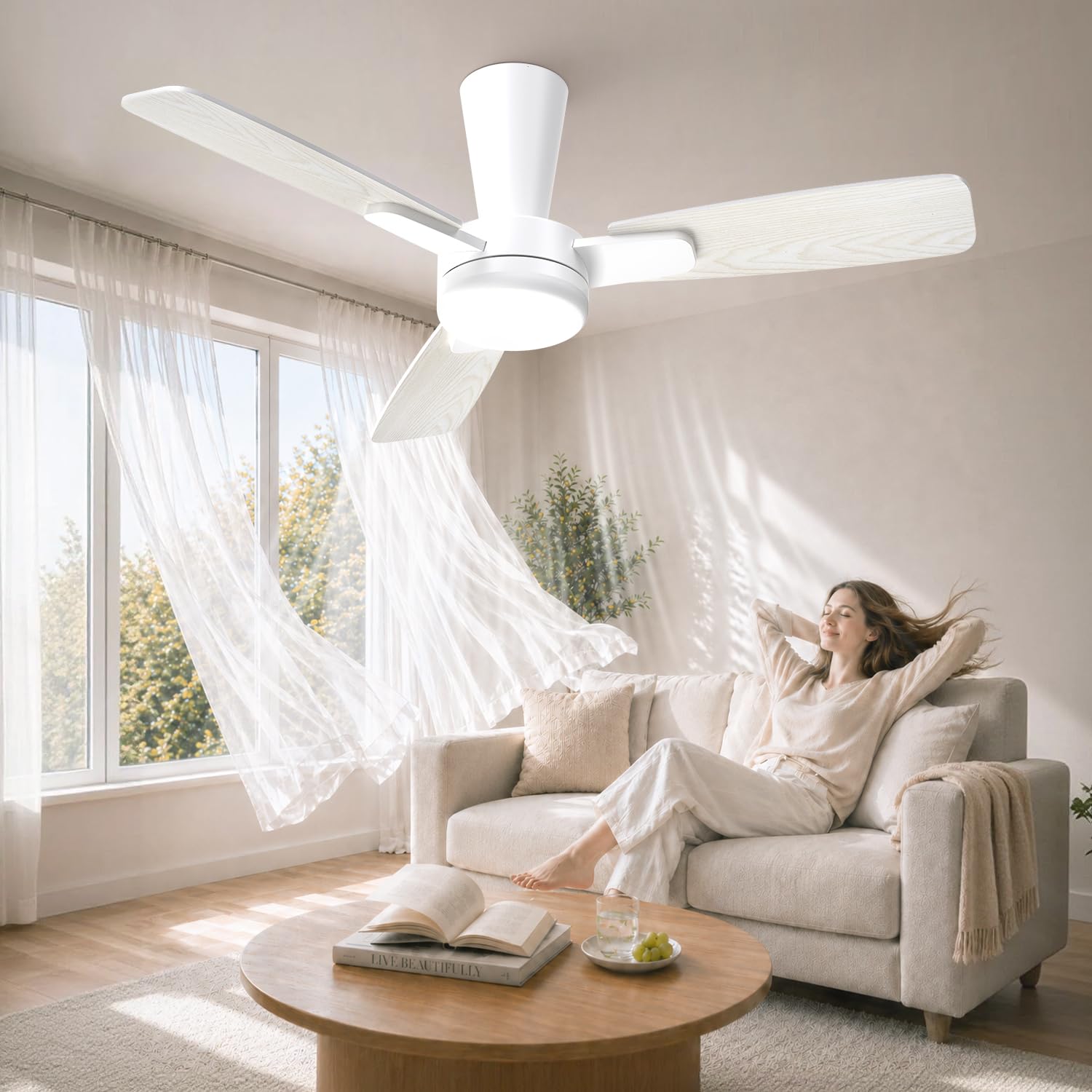 Mefine 106cm Ventilateur Plafond avec Lumière Silencieux, Pale à Encliquetage, Plafonnier Ventilateur avec Telecommande et LED Dimmable Lampe pour Chambre Salon, 6 Vitesses, Moteur DC Réversible
