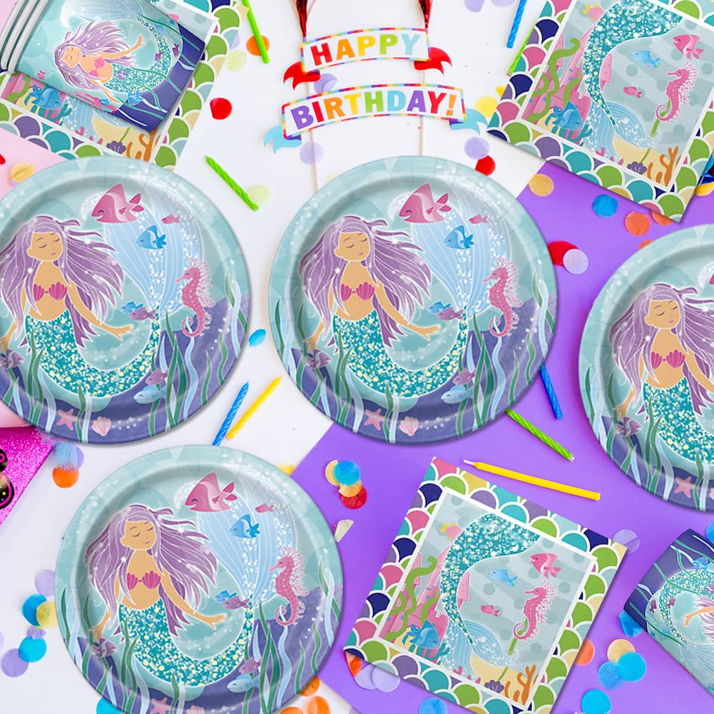 Shamoparty Set di Stoviglie per Feste A Tema Sirena, Accessori per Feste di Compleanno, Decorazione da Tavolo A Forma di Sirena, 53 Pezzi per 16 Ospiti (Tovaglia,Piatti,Bicchieri,Tovaglioli