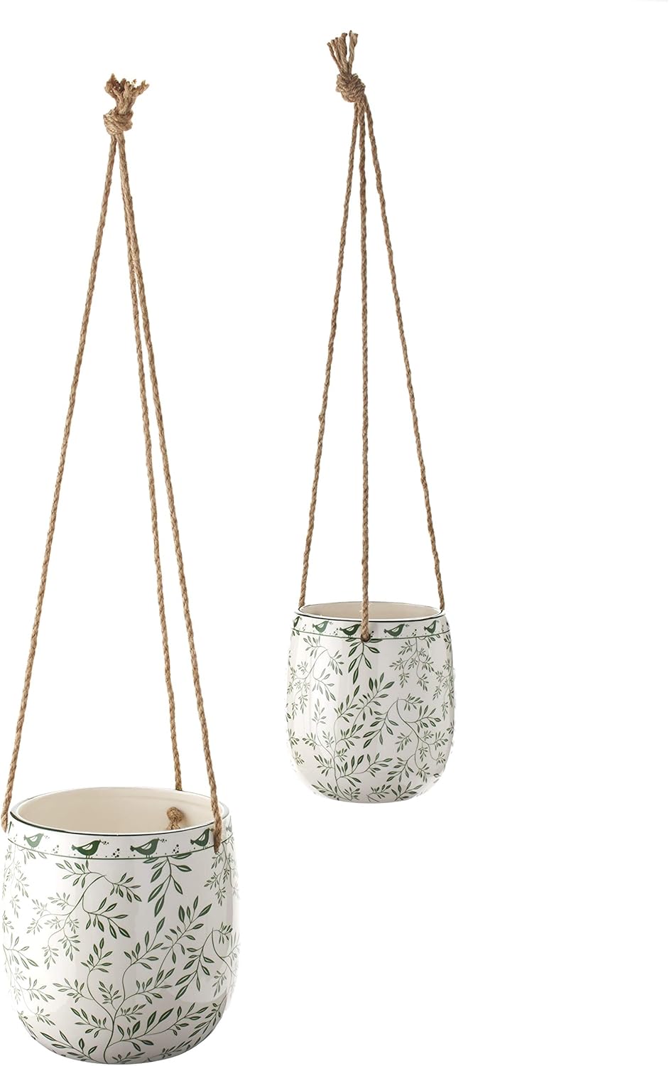 Hanging Ceramic Planters with Painted Green Floral Design - Set of 2