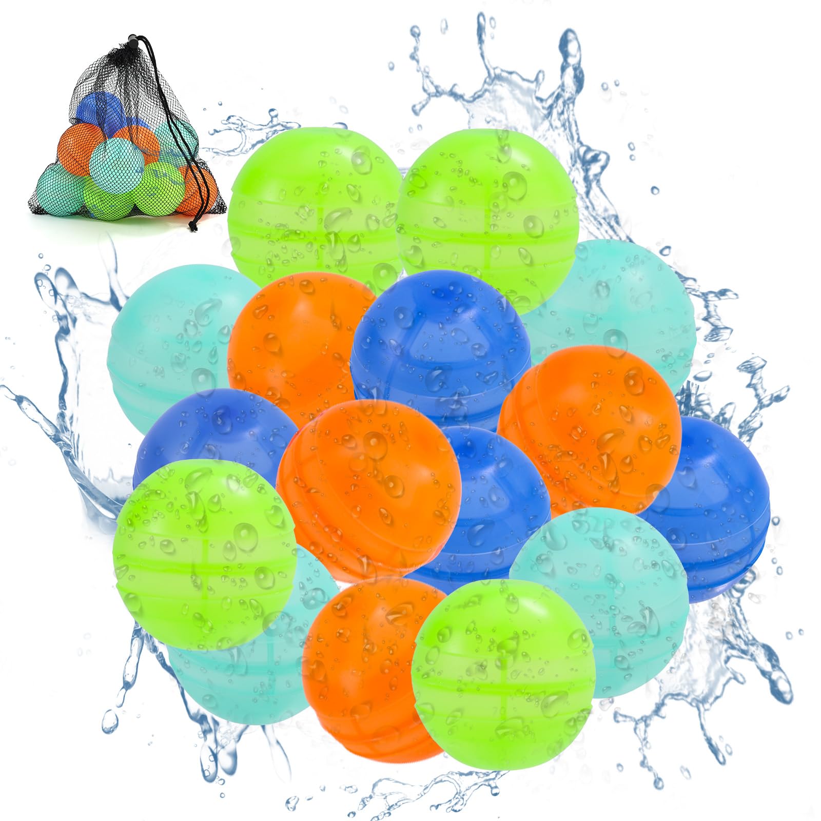 Lyreh 16pcs Reusable Water Balloons, 4 Colors Silicone Quick Fill Water Balls with Mesh Storage Bag Perfect Summer Pool Beach Outdoors Activities Game Toys and Party Supplies
