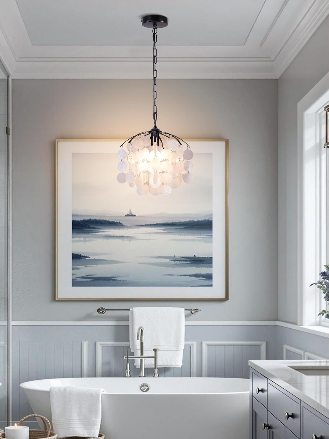 Capiz Shell Pendant Light, 12.6” Black Coastal Hanging Chandelier, Adjustable Height up to 51”, E26 Hardwired Ceiling Light for Living Room, Home Office, Bedroom, Boutique