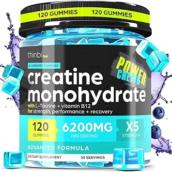 Thinbi Creatine Monohydrate Gummies Complex 6200mg for Men & Women - 120 Gummies Advanced Formula W/L-Taurine + Vitamin B12 for Muscle Strength, Muscle Builder, Energy Boost, Pre-Workout Supplement