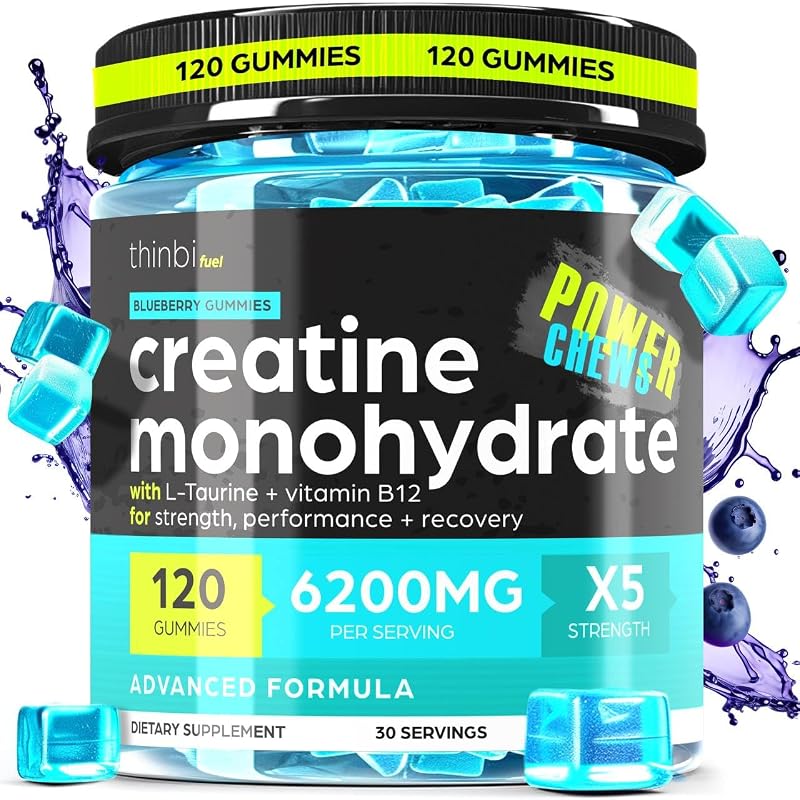 Thinbi Gomas de creatina monohidratada com taurina e vitamina B12, 5 g por porção, 120 gomas