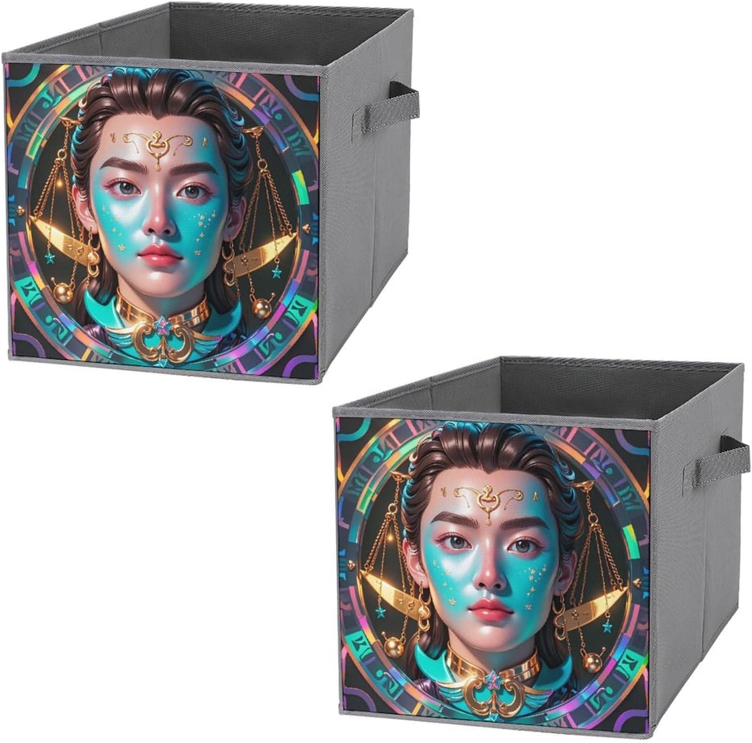 Libra's Interesting Face Foldable Storage Box with Handles, Durable Oxford Storage Cubes, 2PCS Collapsible Closet Organizer for Home, Shelf, Office, Travel