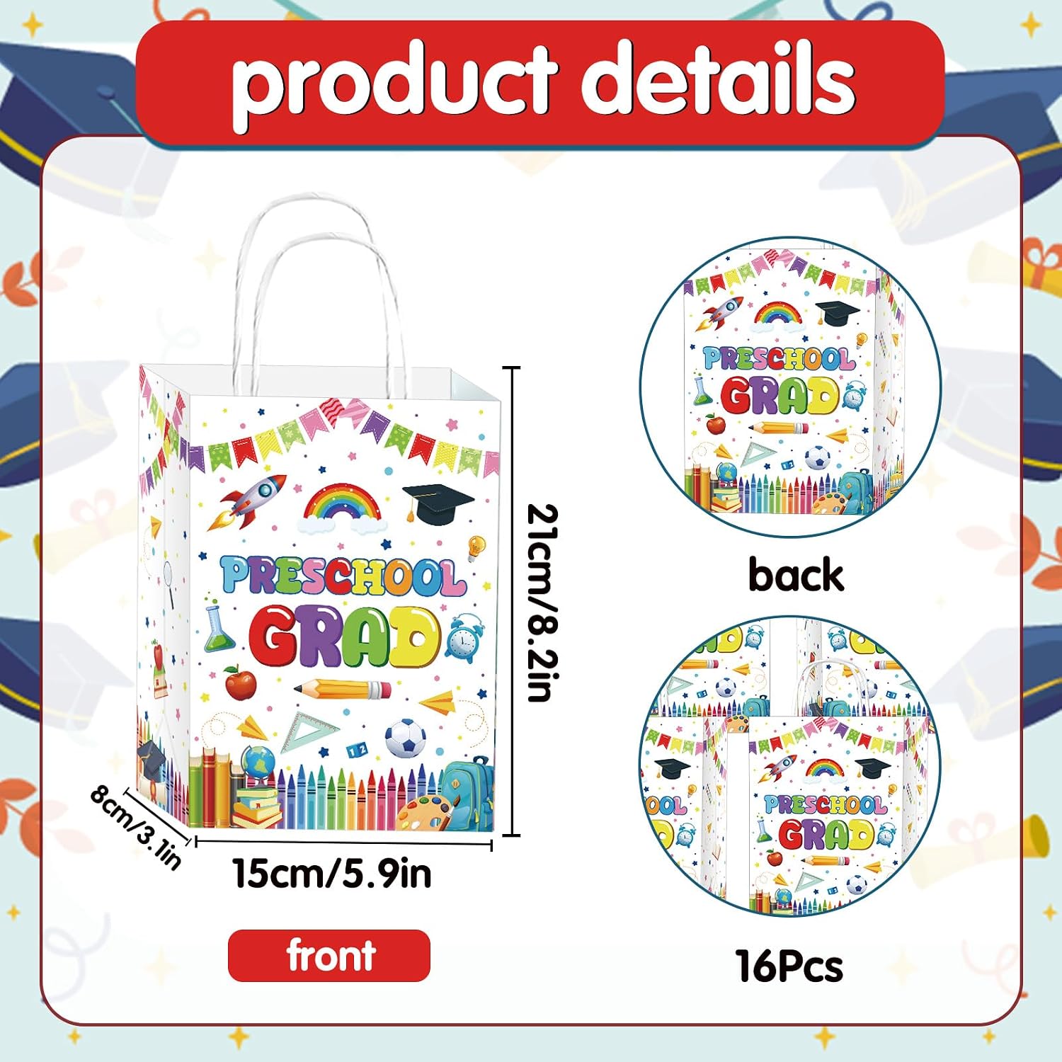 TAKEALOOKO 16 Pcs Kindergarten Graduation Gift Bags, Preschool Grad Paper Gifts Snacks Bags for Party Supplies, Class of 2026 Gift Candy Bags for Kindergarten Preschool Party Decoration