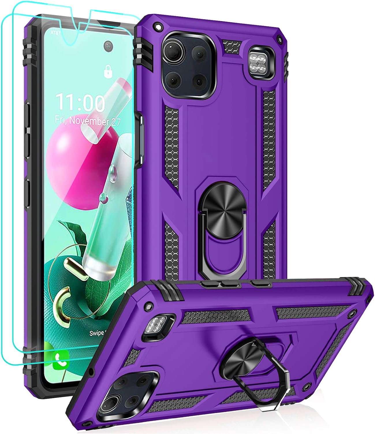 Androgate for LG K92 5G Case and HD Screen Protectors, Military-Grade Metal Ring Kickstand 15ft Drop Tested Shockproof Cover Case Compatible with LG K92, Purple