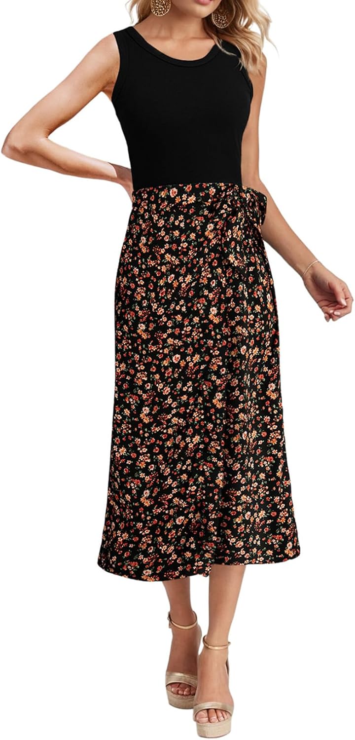 Dokotoo 2 Piece Sets for Women Summer Sleeveless Tank Tops and Boho Tie Knot Elastic Waist Midi Skirt Set