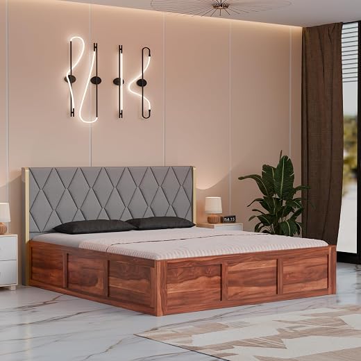 CARVING CUSTOMS Solid Sheesham Wood King Size Bed with Fabric Headboard and Box Storage for Bedroom