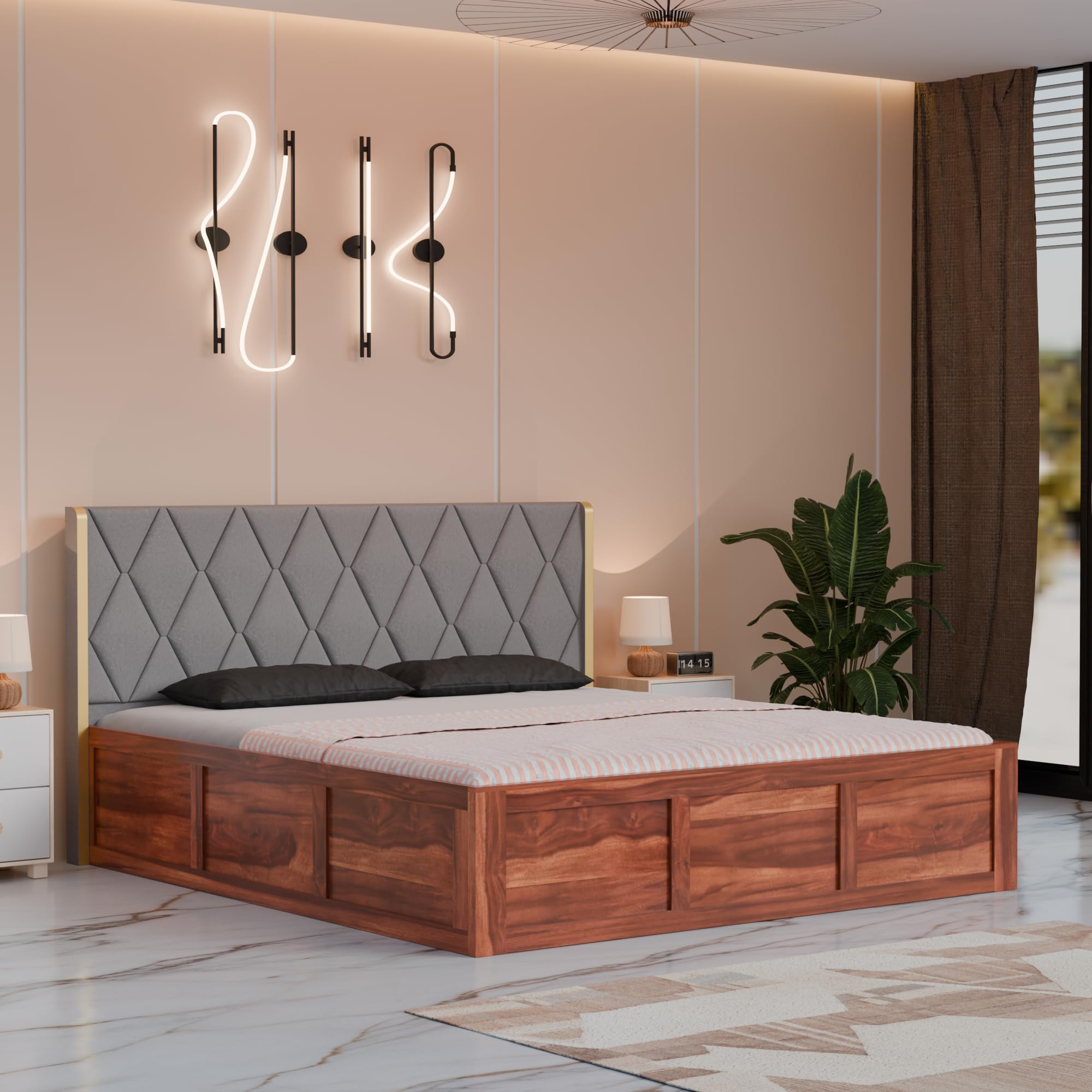 Solid Sheesham Wood King Size Bed with Fabric Headboard and Box Storage for Bedroom | King Size |-image-18