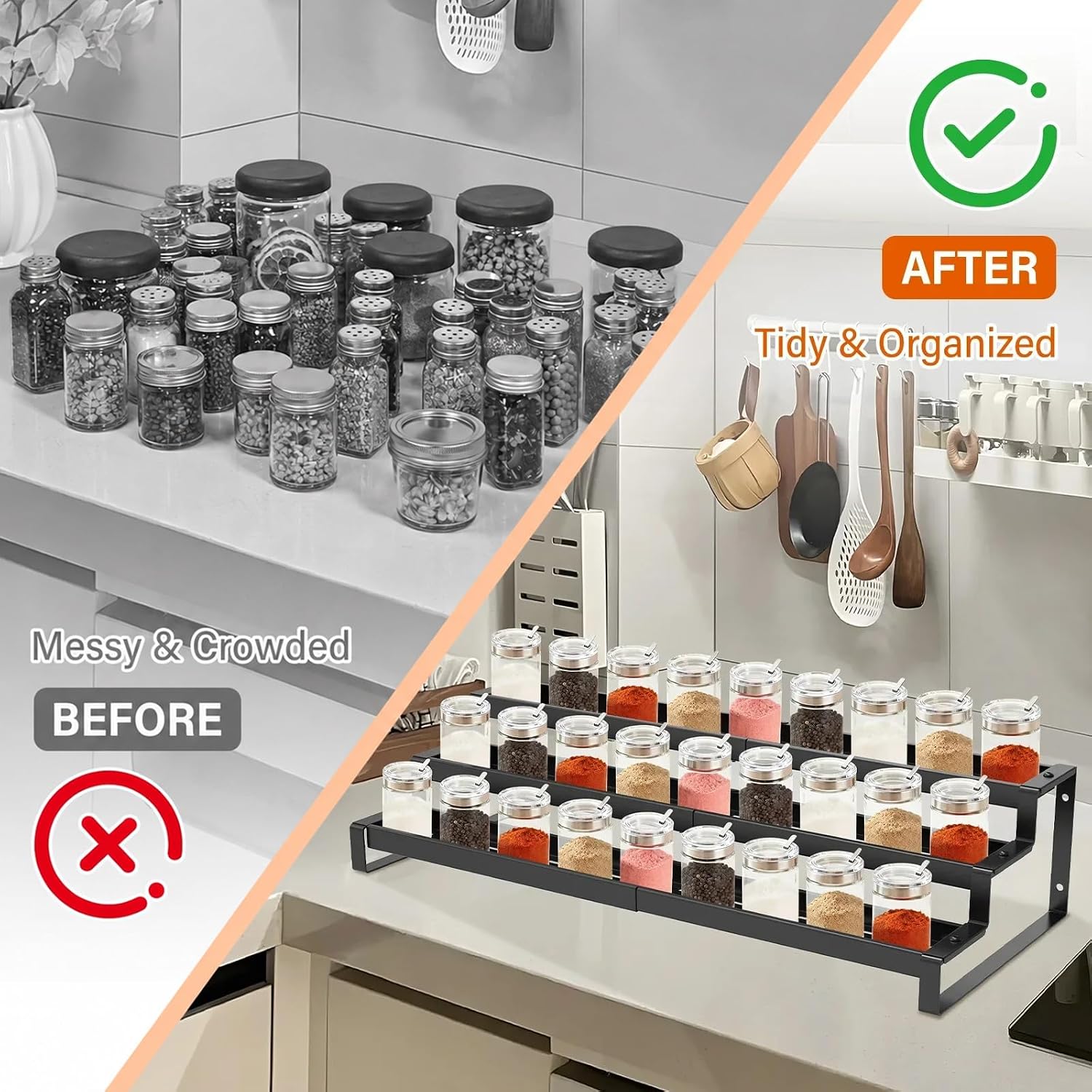 3-Tier Cabinet Spice Organizer, 14.4’‘-26.1’‘Expandable Spice Rack, Carbon Steel Non-Slip Cabinet Spice Rack, Suitable for Kitchen Countertops or Pantry, 125 Sheets with Seasoning Labels