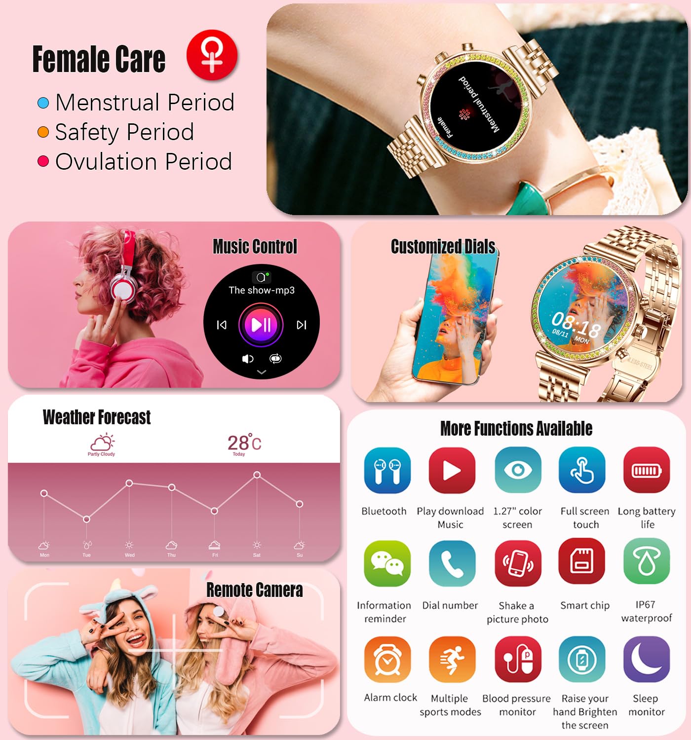 Reloj inteligente de fitness para mujer, pantalla HD de 1.25 pulgadas, llamadas Bluetooth, reloj inteligente deportivo impermeable para mujer, monitor de frecuencia cardíaca, podómetro,