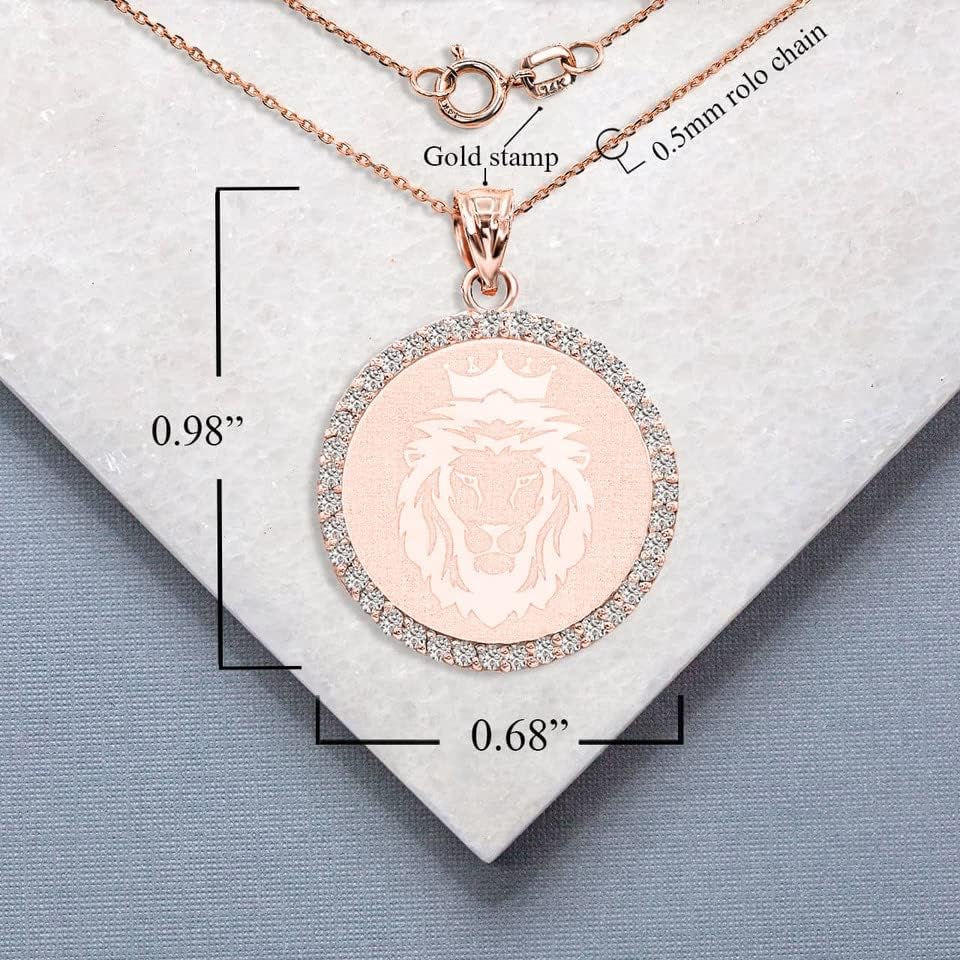 Solid 14K Rose Gold Diamond Accented Leo Zodiac Sign Charm King Lion Head Round Pendant Necklace (G-H Color, SI1-SI2 Clarity) - Choice of Pendant Only or Necklace Chain Length