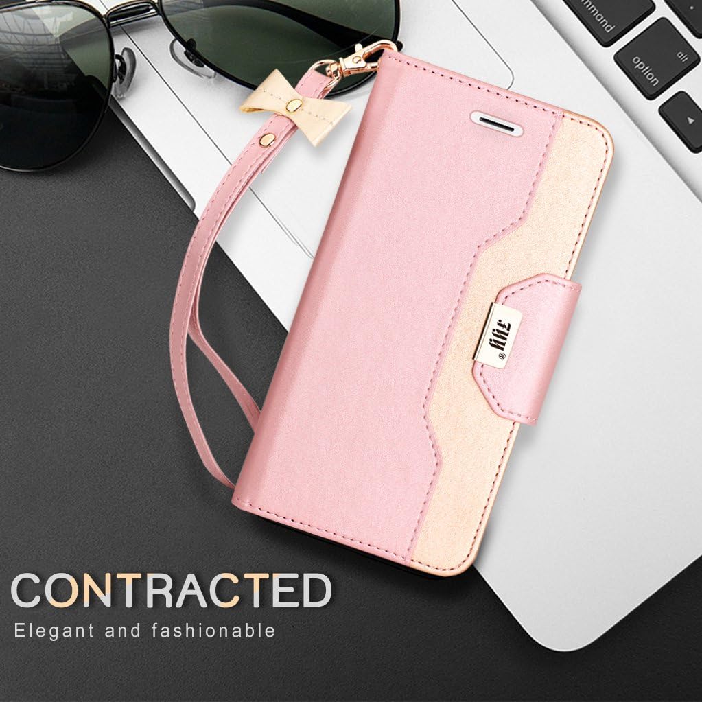 FYY Case for iPhone SE, Premium PU Leather Wallet Case with Cosmetic Mirror and Bow-Knot Strap for Apple iPhone SE (1st gen - 2016) /5S/5 LightPink