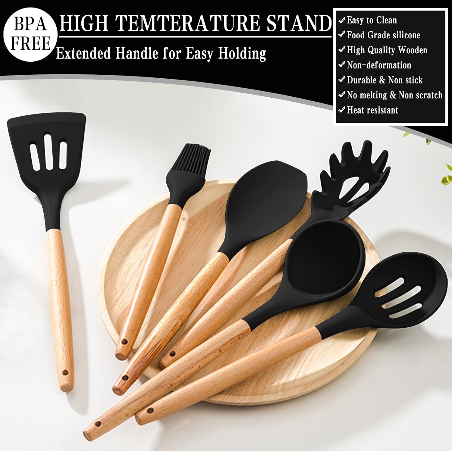 Silicone Kitchen Cooking Utensils Set, Umite Chef 31 pcs Heat Resistant Silicone Wooden Handles Cooking Utensil Spatula Set with Holder, Kitchen Gadgets Tools Set for Nonstick Cookware(Black)