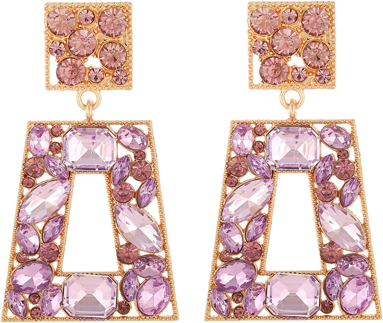 Rhinestone Rectangle Statement Earrings Colorful Crystal Geometric Drop Dangle Earrings for Women Prom Party