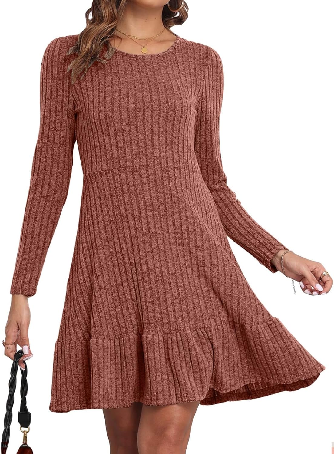 Women’s Dresses Vintage Long Sleeve Jumper Dress Ladies Casual Crew Neck Dress Ruffle A-Line Flared Midi Dress Solid Color Ribbed Knit Sweater Dress for Autumn Winter