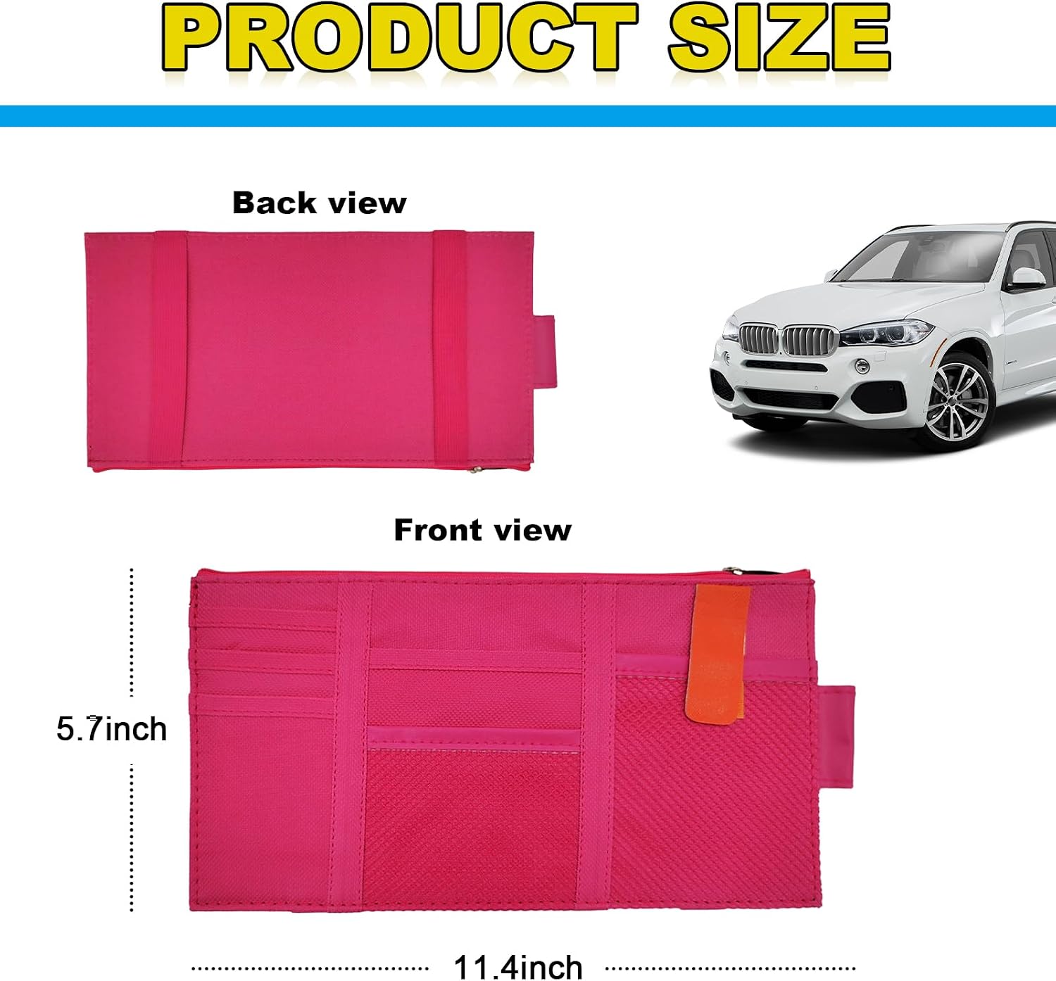 povtii Car Sun Visor Organizer, Oxford Cloth Sun Visor Multi-Pocket Storage Holder with Zipper, Auto Visor Storage Net Pouch for Card Note Phone Registration, Car Accessories (Rose Red) image 2