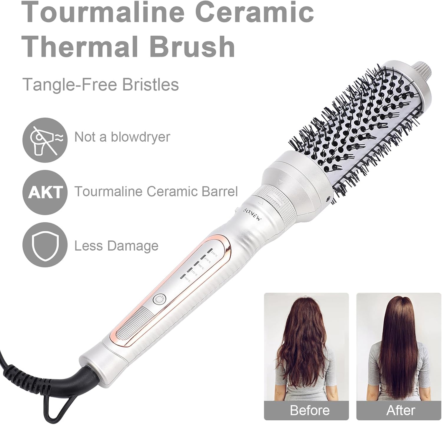 Sonew Heated Round Brush, Women's Thermal Curling Brush, Quick Volumizing Curling Brush, Detachable Portable Dual Voltage Design, Includes Storage Pouch and Hair Clips, Champagne Gold