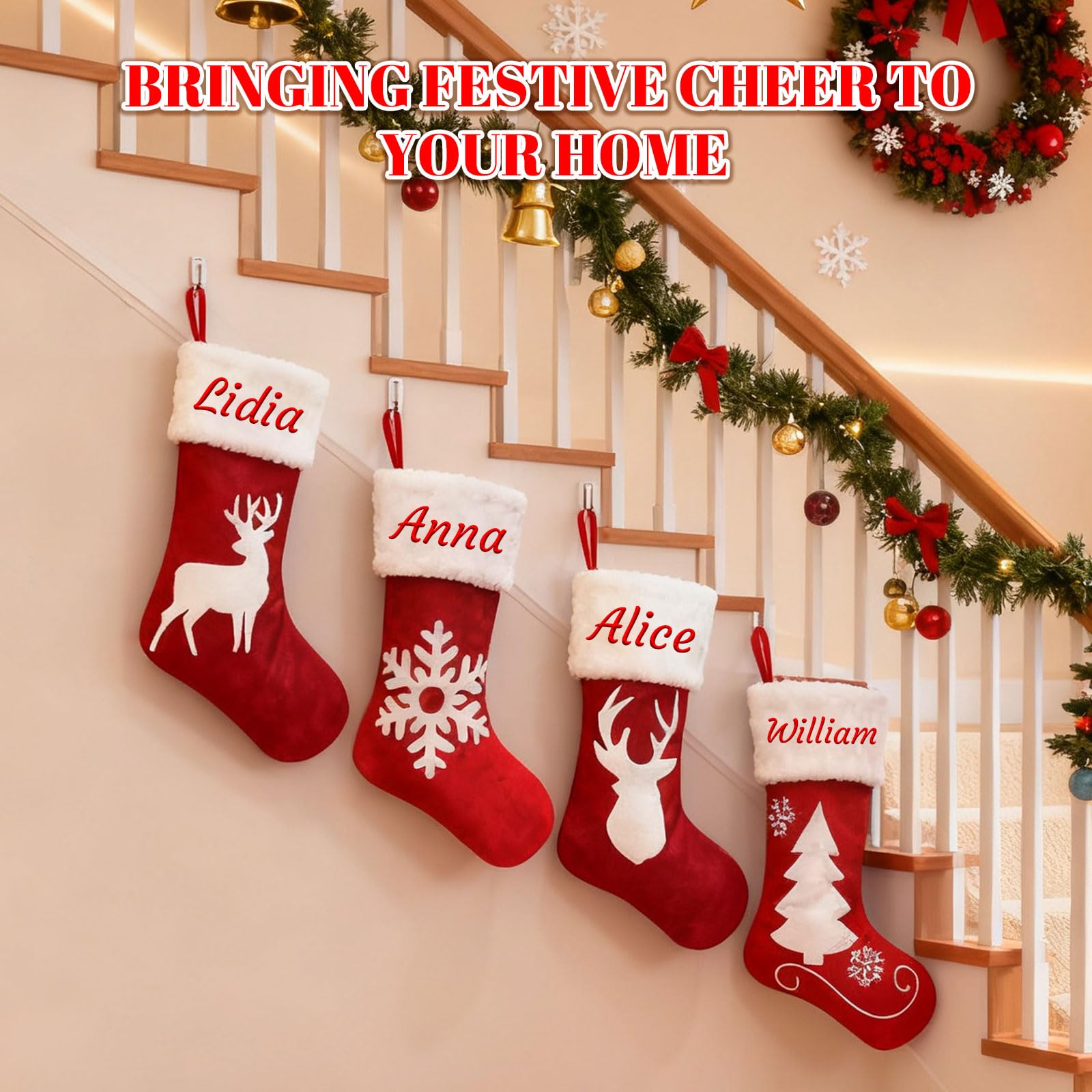 Generisch 4 PCS Personalisiert Weihnachtsstrumpf, Namensstickerei, 44 cm | Roter Samtstoff Nikolausstrumpf mit Weihnachtsmann, Schneemann & Pinguin, Familien-Weihnachtsdeko, 17 Zoll