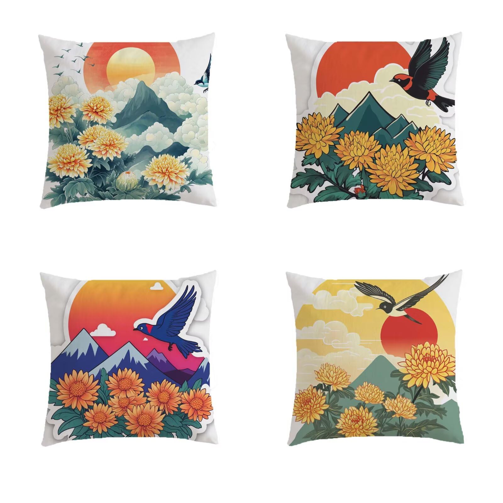 Housse de coussin 45x45cm jaune en lin pour salon de jardin | Lot de 4 carré design oiseau