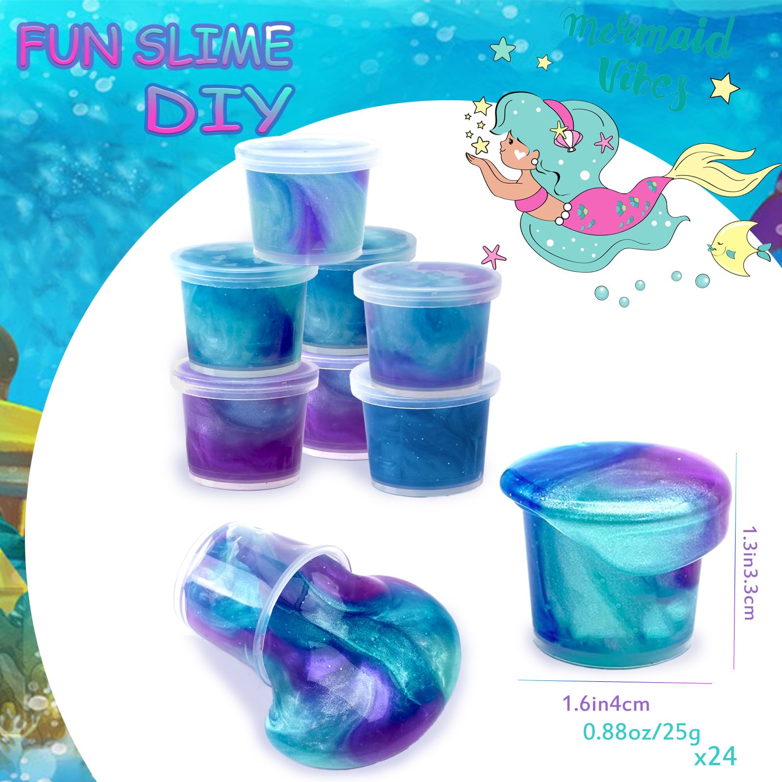 HFCHUPIN 24 Pack Galaxy Mermaid Slime Kit,Party Favors for Kids,Non Sticky, Stress & Anxiety Relief, Super Soft Sludge Toy,Easter Basket Stuffers,Birthday Gifts for Girl and Boys
