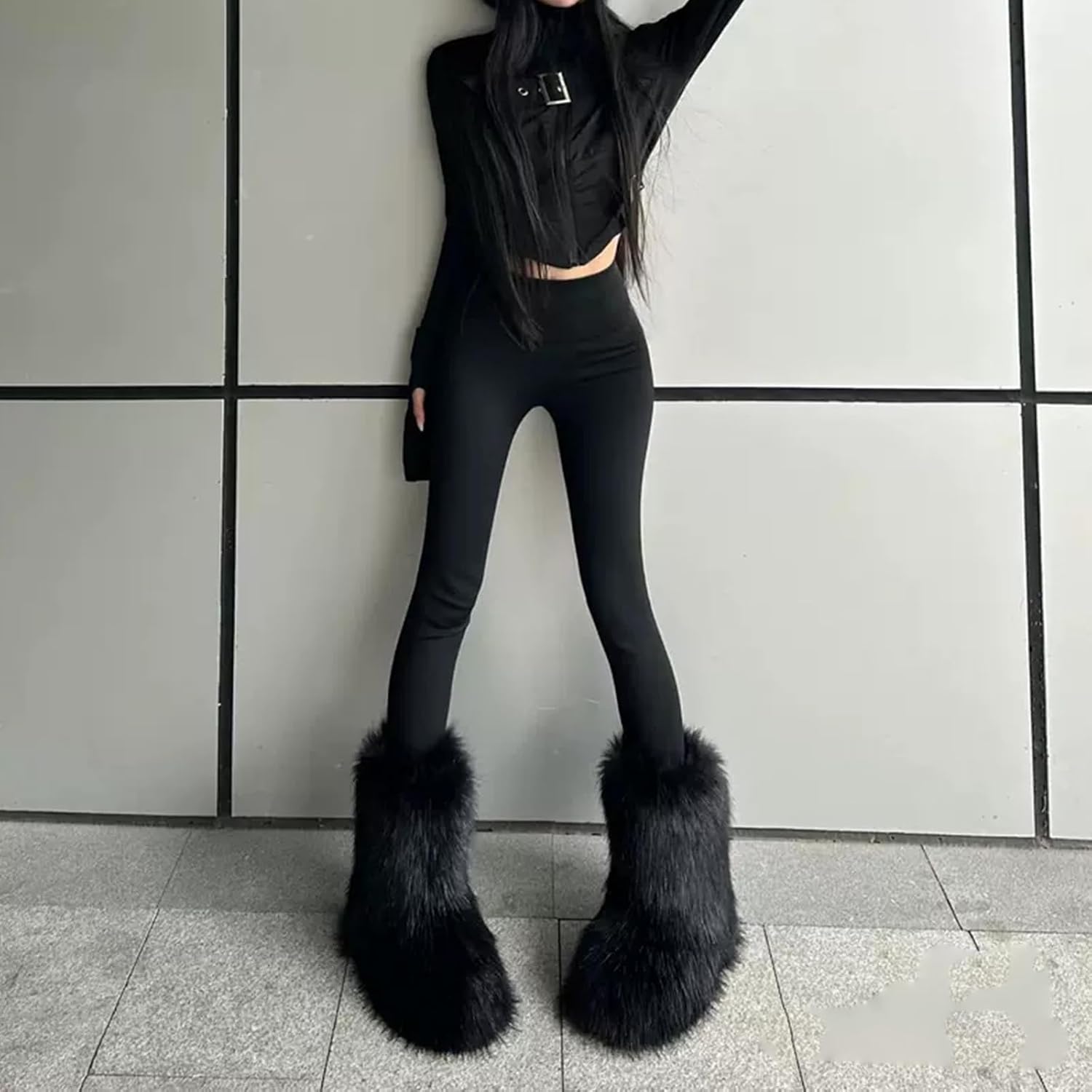 Women's Fuzzy Fluffy Faux Fur Boots Furry Suede Warm Fur Lined Fashion Mid Calf Snow Booties