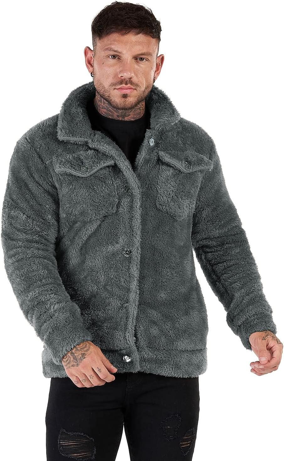 GINGTTO Mens Furry Button-Up Jacket 4 Pockets Fluffy Coat For Men - Image 7
