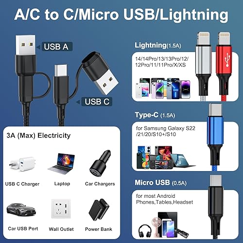 Miniatura 3 de Cable de carga múltiple 6 en 1, paquete de 2 cables multiUSB de 6 pies, cable de carga múltiple 3A, cable de carga múltiple trenzado, cable de carga