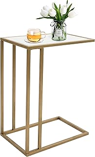 Gold Marble C Shaped Snack Table, Rectangle End Side Table Slide Under Couch for Sofa Coffee Laptop Living Room Bedroom Small Space, 19