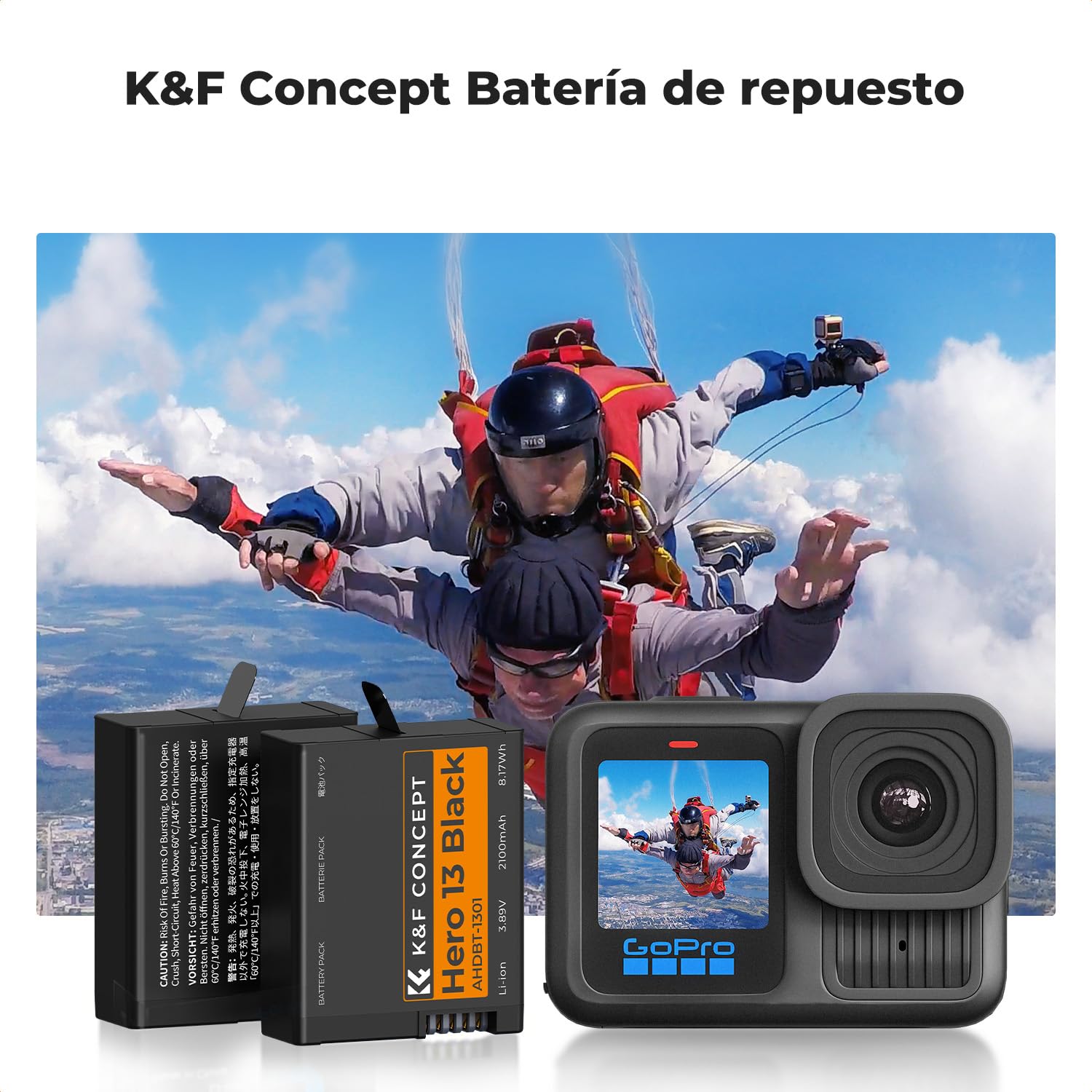 K&F CONCEPT 3 Pack Baterías 2100mAh y Cargador Compatible con Hero 13 Black Funda de Carga Rápida