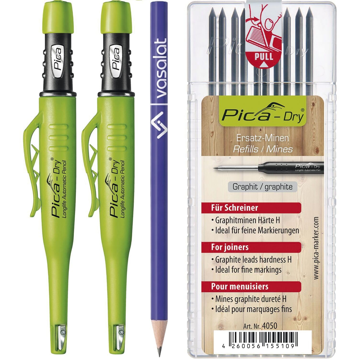 Pica Dry Set - 2x Stift automatisch mit 10x Dry Minen H Graphit, unerlässlich für Hand- und Heimwerker, 3-teilig