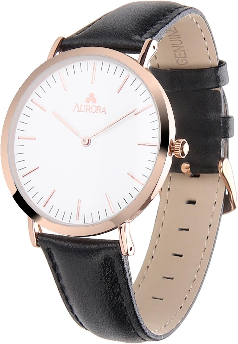 Aurora Woman's Casual Business Analogue Quartz Waterproof Dress White Dial Wrist Watch with Black Band Strap-Rose Gold