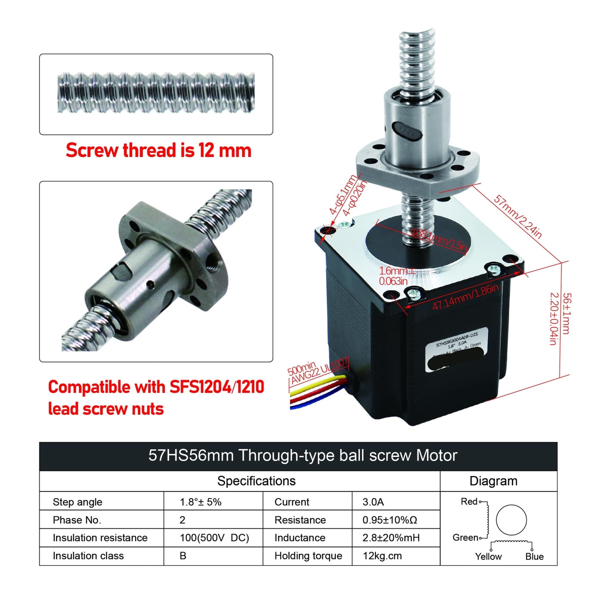 Nema 23 Schrittmotor Kugelgewindetrieb mit integrierter höherer Genauigkeit Sfu1204 Sfu1210 3a 57hs112 57hs82 57hs56 1,2 nm, 3(SFU1210-300mm,57HS56 1.2NM-24V)