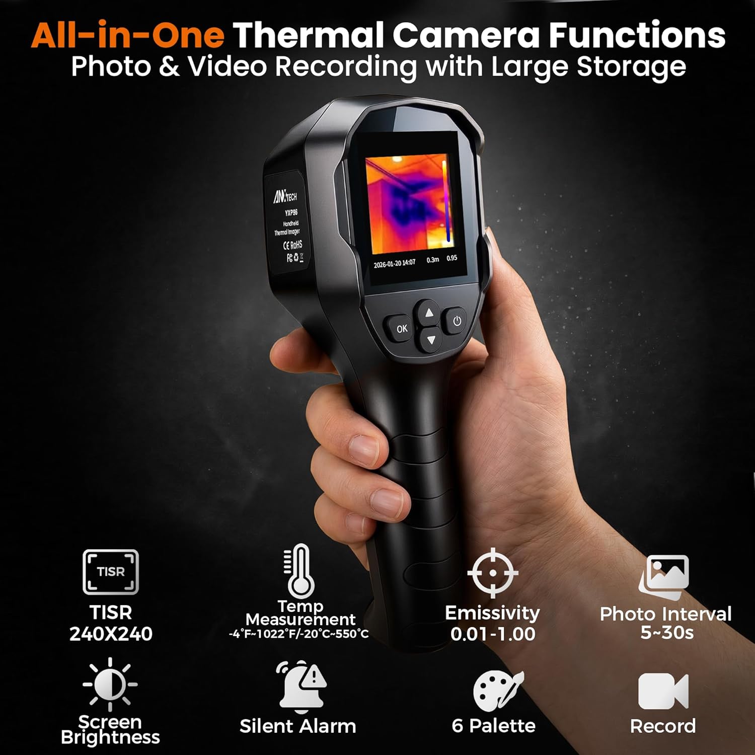 Thermal Camera for Home Inspection, 240×240 TISR Infrared Camera with 14-Hour Battery Life, 25Hz Handheld Thermal Imager with 50°FOV for Water Leak Detection, HVAC, Electrical Inspection