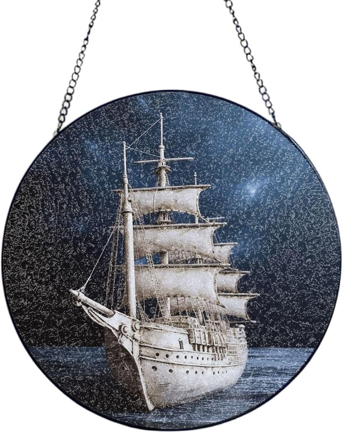 Stained Glass Window Hanging 6in（15cm）, Vintage Nautical White Ship Glass Suncatcher for Home Decor, Indoor Wall Art Glass Panel with Metal Chain and Hooks, Sun Catcher Ornament Birthday Gifts