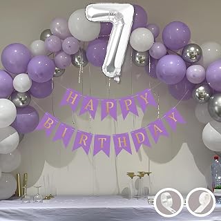 Flyloons 7th Birthday Decoration Items Purple and White Theme Combination for Boys Girls Kids | 30 Pcs Purple White Silver Color Balloons | Purple Happy Birthday Banner | Arch Tape | Glue Dots