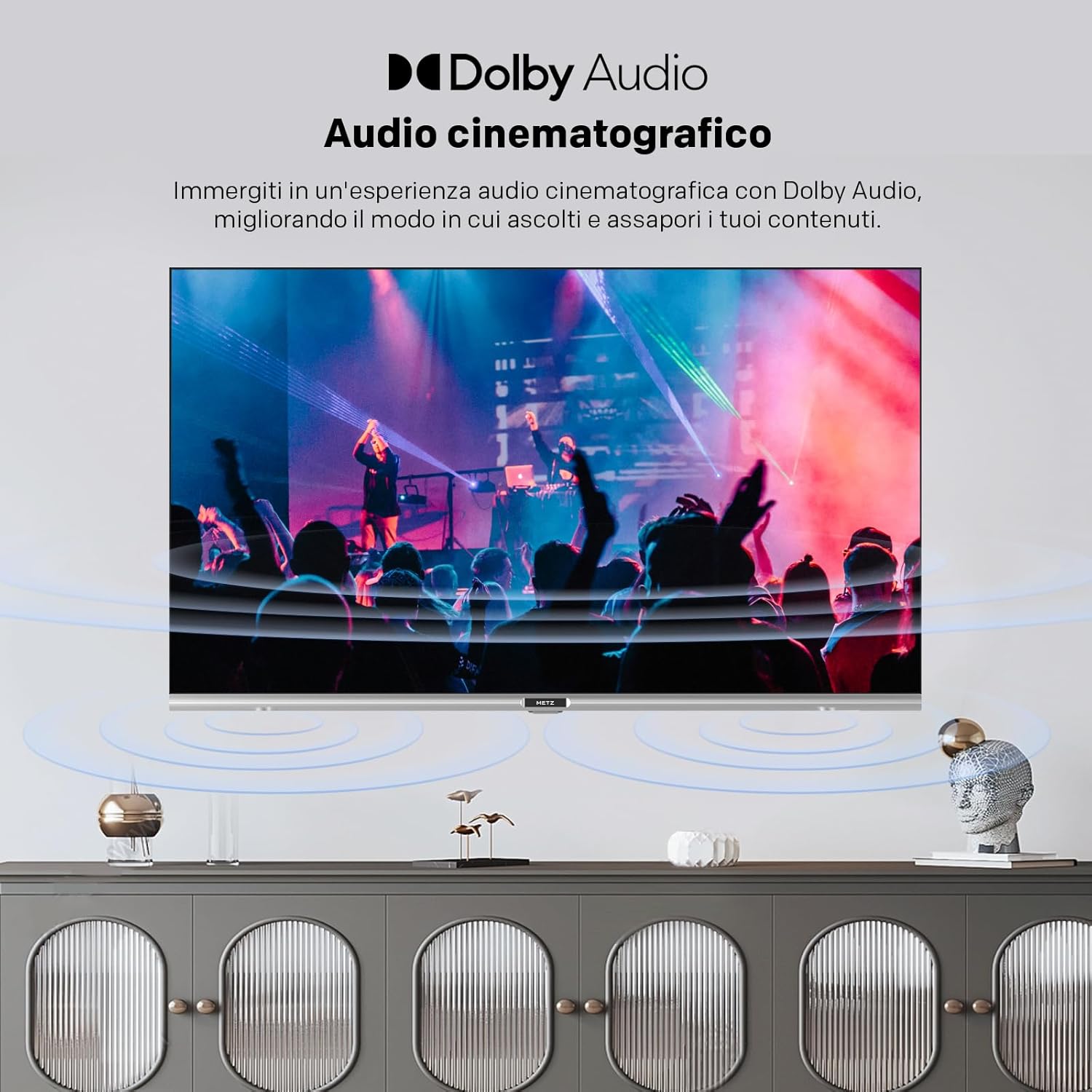 Visual representation of Dolby Audio sound waves emanating from the Metz MTD7000Z TV.