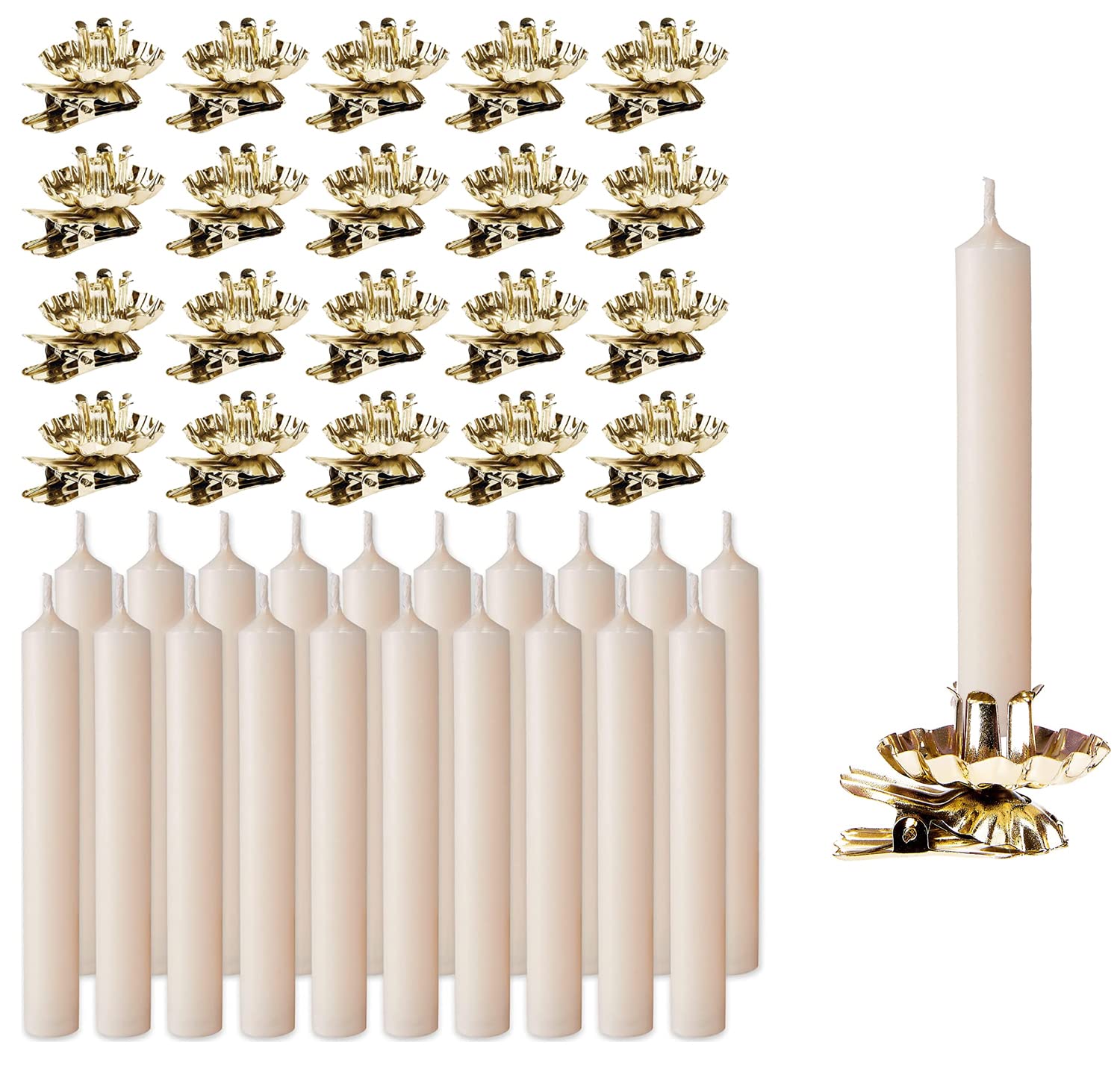 BRUBAKER Tree Candles with Tree Candle Holders - Pack of 20-3¾ x ½ Inches Candles Champagne + Traditional Vintage Candle Holders with Clip Gold - Christmas Set