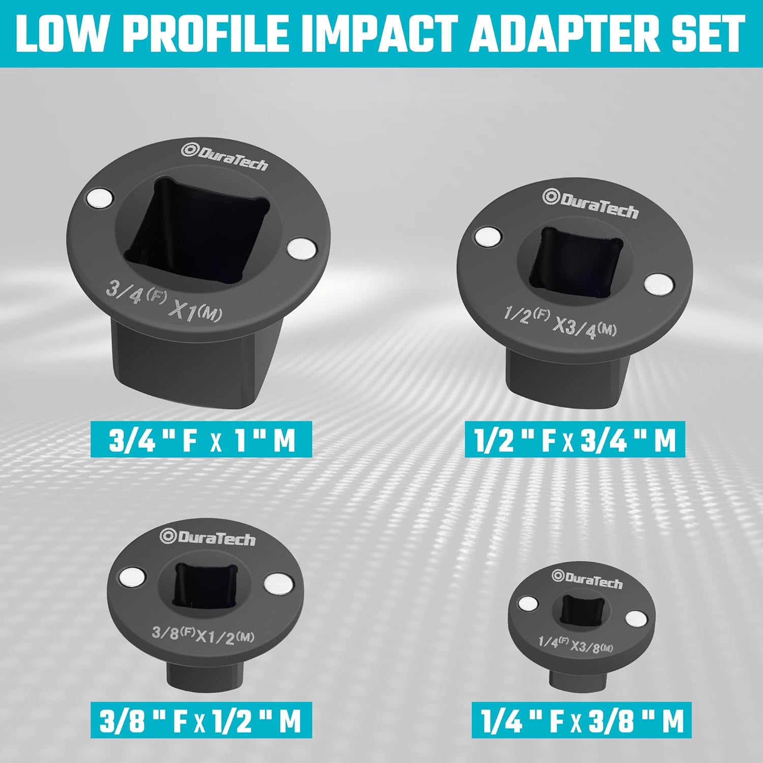 DURATECH Low Profile Impact Socket Adapter Set, 4‑Piece Drive Ratchet Adapter, Includes 1/4" to 3/8 ", 3/8" to 1/2 ", 1/2" to 3/4 ", 3/4" to 1 ", Magnetic Design for Wrench, Socket and Drill
