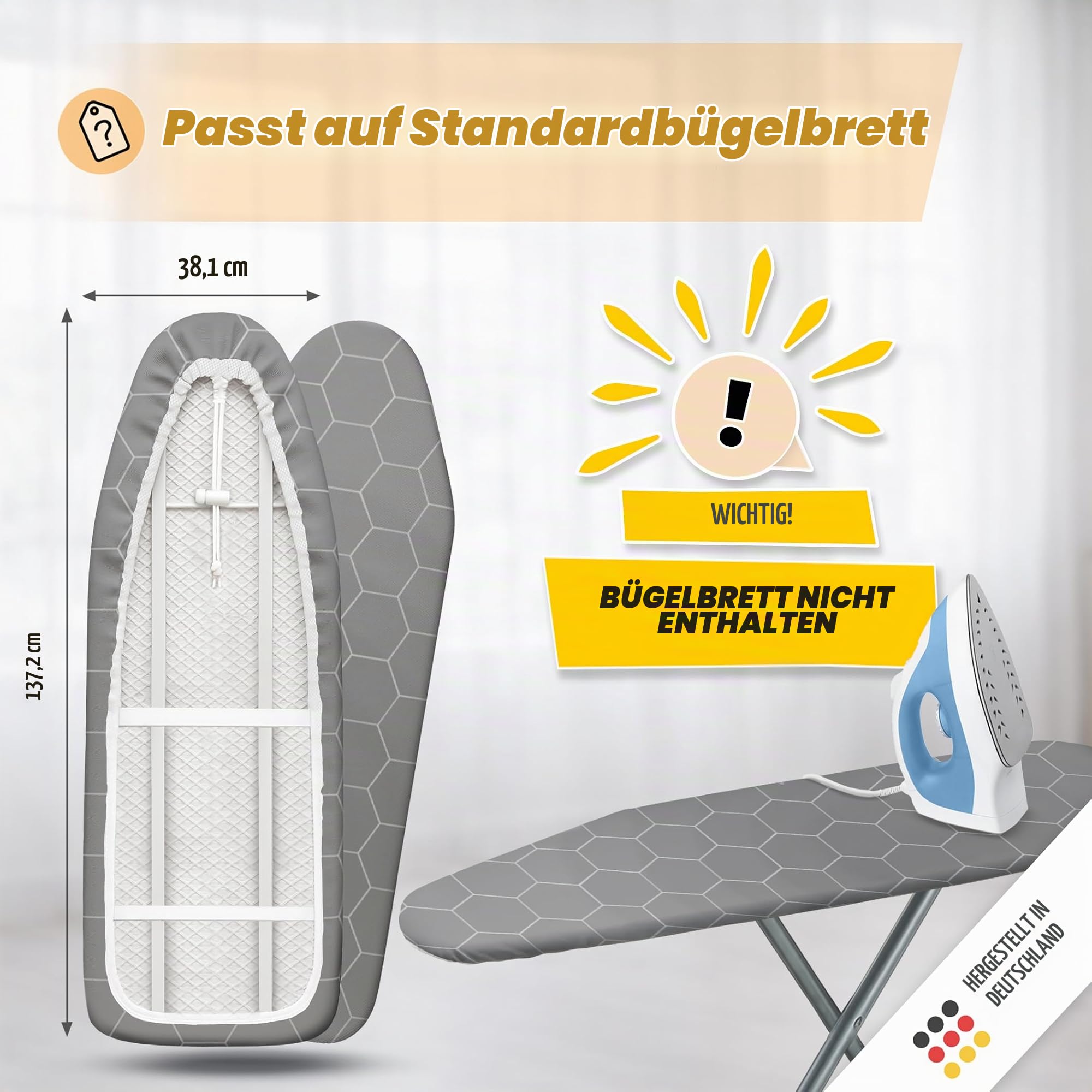 arteneur Bügelbrettbezug 15“x54“ mit hitzereflektierender | Dicke Polsterung, Gummizug, OEKO-TEX 100, für Dampfbügelstation + Dampfbügeleisen, passt für 15“x54“