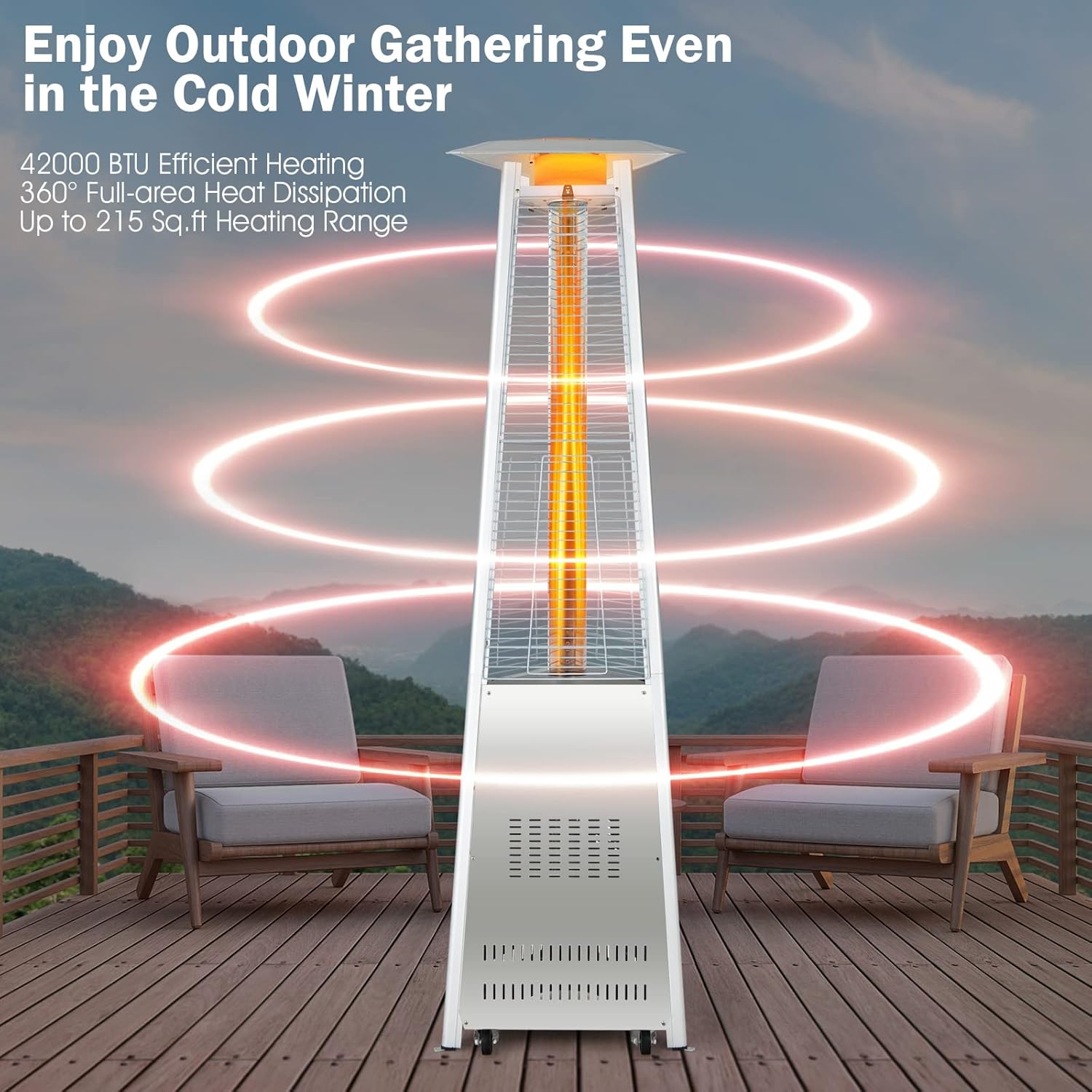 Giantex Portable Patio Heater, 42,000 BTU Pyramid Stainless Steel Outdoor Patio Heater w/ Simple Ignition System and Wheels, Outdoor Heater with Tip-Over & Flameout Protection for Backyard, Garden (Silver)
