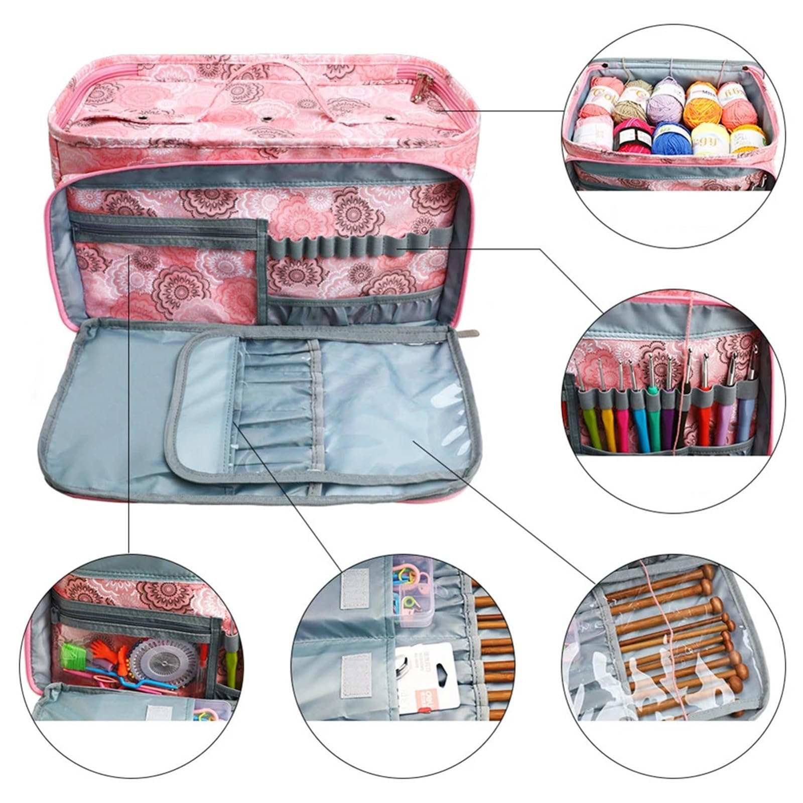 Bolsa de almacenamiento for lanas de tela Oxford, bolsa de ganchillo for tejer, bolsa de hilo, ganchos de ganchillo, agujas de coser, bolsa de mano for hilo de bricolaje(Pink)