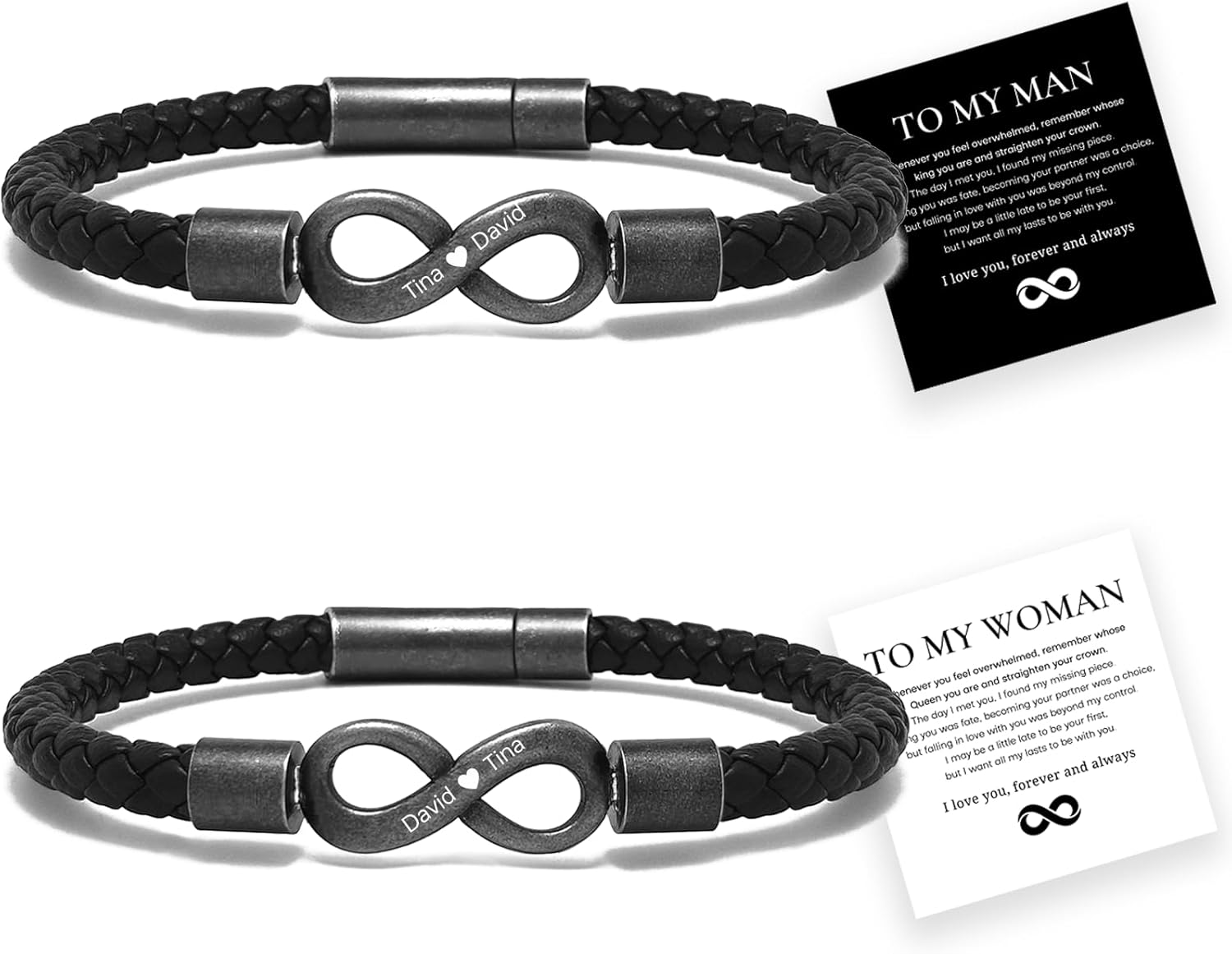 to My Man/Woman Personalized Dual Name Infinity Leather Bracelet Custom Name Stainless Steel Matching Couple Love Promise Bracelet, Valentine Birthday Christmas Gifts for Wife/Husband
