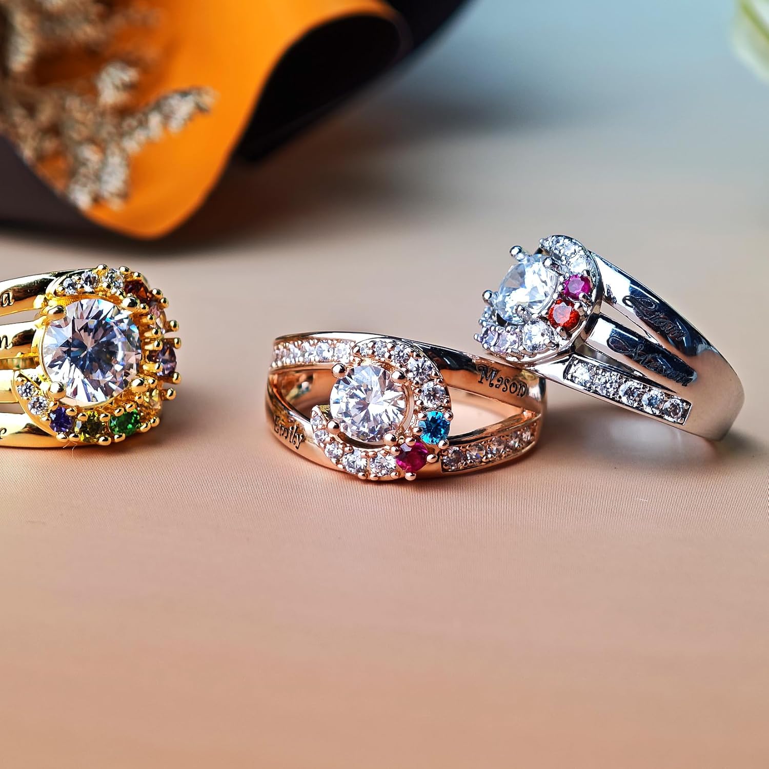 SYP S925 Sterling Silver Personalized Mothers Birthstone Ring with 1-8 Names for Women Wife Mom Gift Custom Family Moon Ring for Mothers Day Christmas Birthday